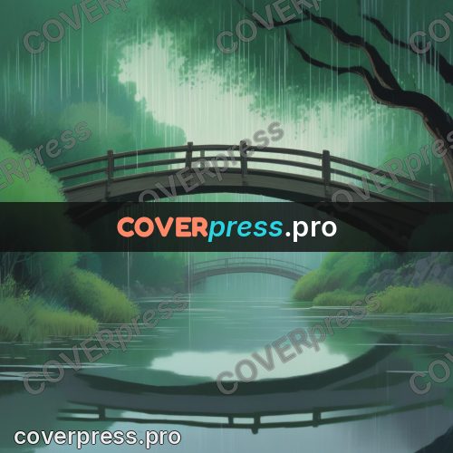Anime style drawing: arched bridge over water