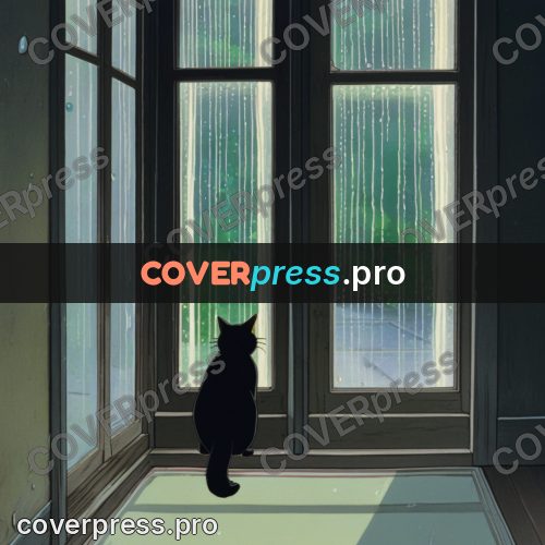 Anime style drawing: cat by a window in rain
