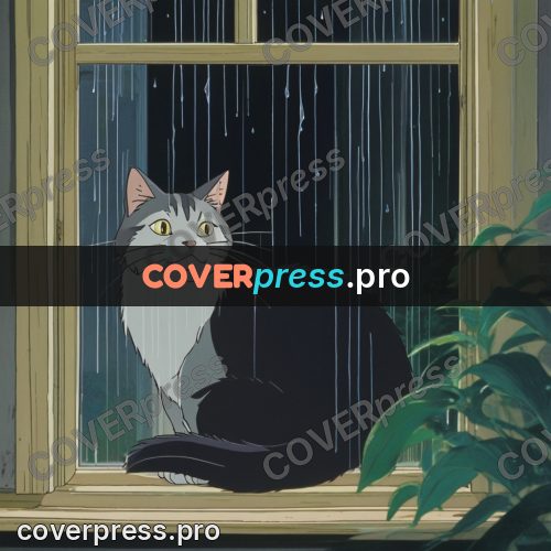 Anime style drawing: cat by a window in rain