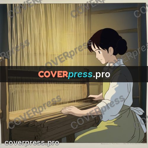 Anime style drawing: woman at a wooden loom