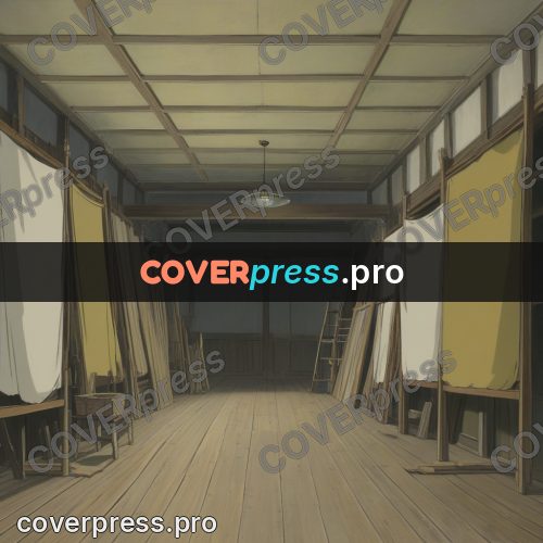 Anime style drawing: long hall with hanging cloths