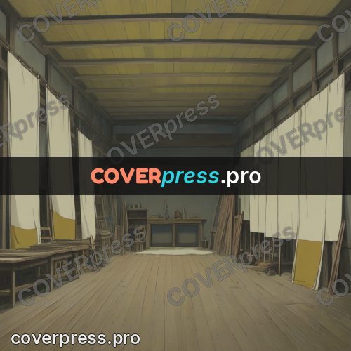 Anime style drawing: long hall with hanging cloths