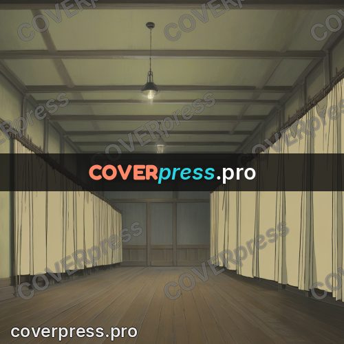 Anime style drawing: long hall with hanging cloths