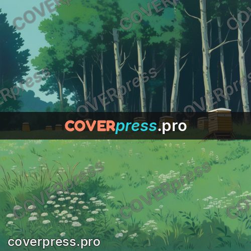Anime style drawing: beehives in a forest clearing