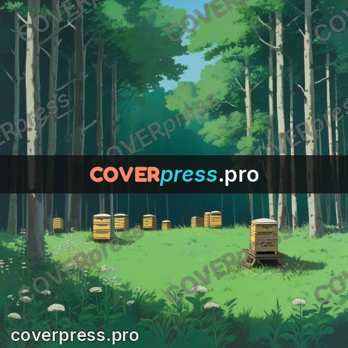 Anime style drawing: beehives in a forest clearing
