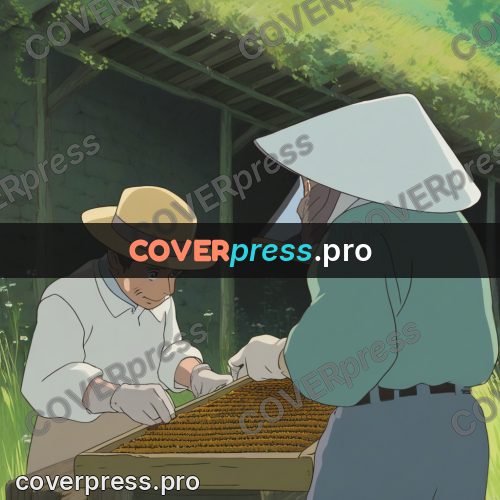 Anime style drawing: beekeeper with a honeycomb frame