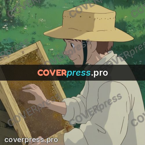 Anime style drawing: beekeeper with a honeycomb frame