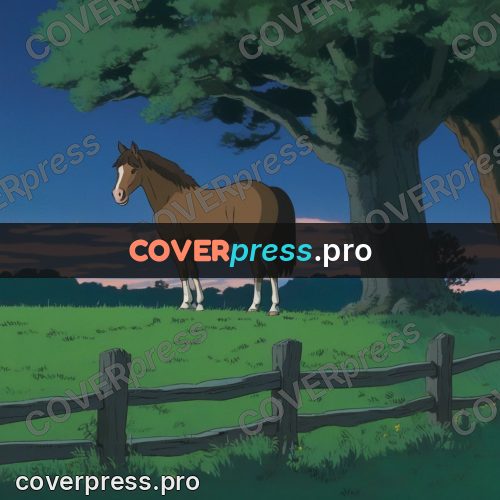 Anime style drawing: horse by a rail fence