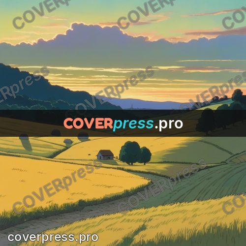 Anime style drawing: fields and hills at sunset