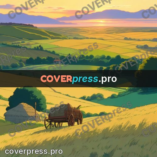 Anime style drawing: fields and hills at sunset