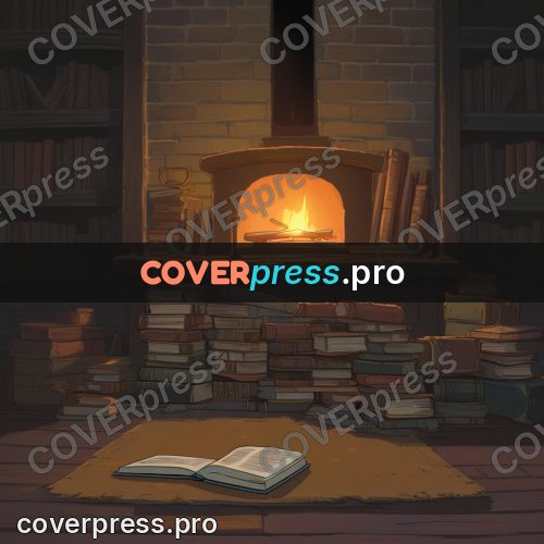 Anime style drawing: stove among stacks of books