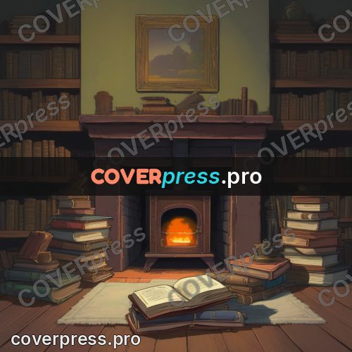 Anime style drawing: stove among stacks of books