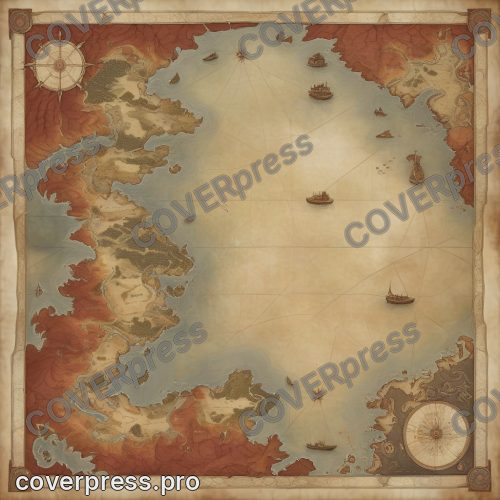 В стиле Старинная карта: остров лежит в нижней половине листа, над ним ровное пустое море не занято ничем, кроме