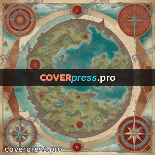 Map illustration: island ringed by turquoise water