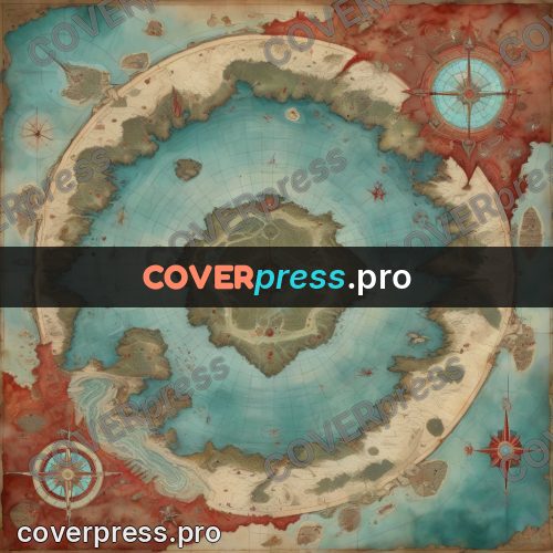 Map illustration: island ringed by turquoise water