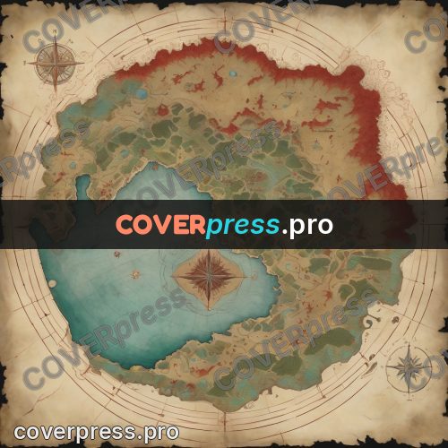 Map illustration: island ringed by turquoise water