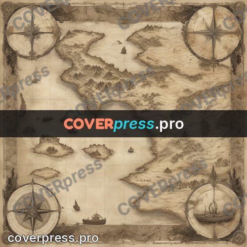 Map illustration: mountains and bays in sepia