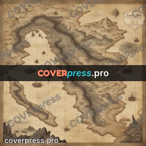 Map illustration: mountains and bays in sepia