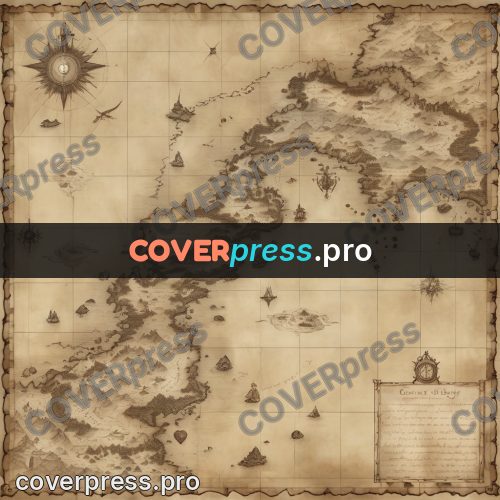 Map illustration: mountains and bays in sepia