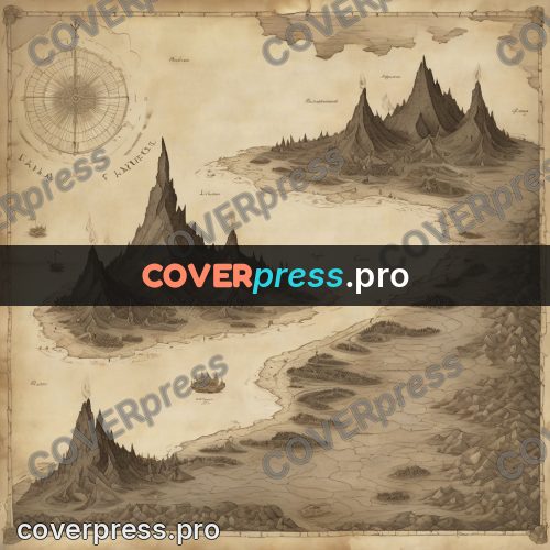 Map illustration: mountains and bays in sepia