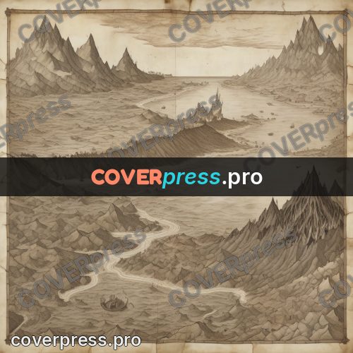 Map illustration: mountains and bays in sepia