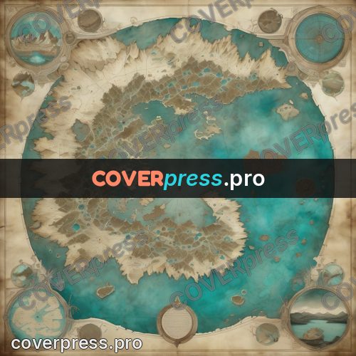 Map illustration: mountain island in turquoise water