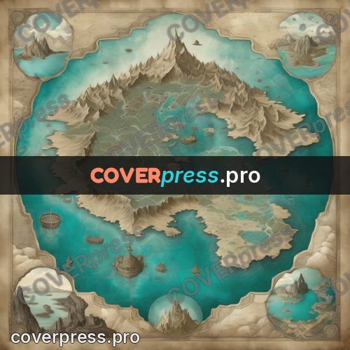 Map illustration: mountain island in turquoise water