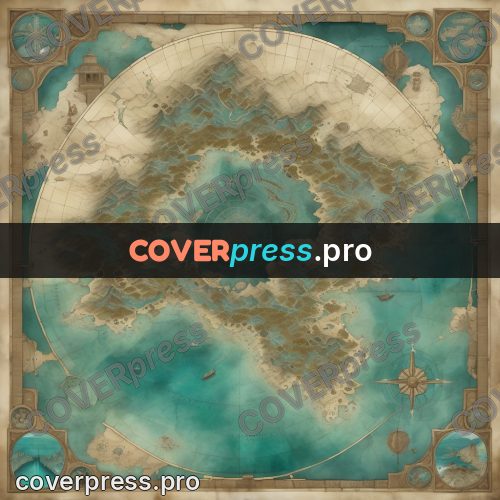 Map illustration: mountain island in turquoise water