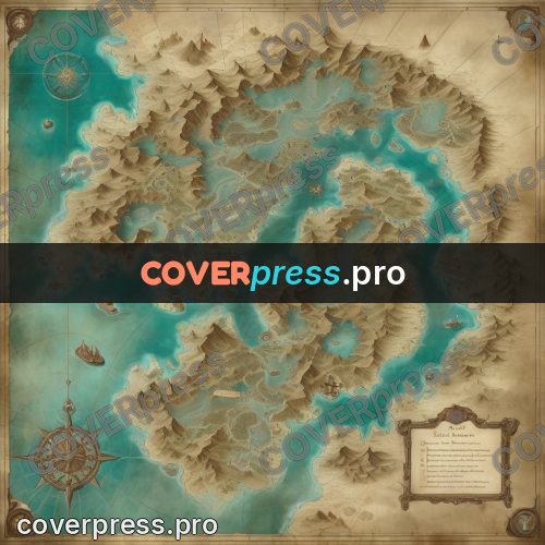 Map illustration: mountain island in turquoise water