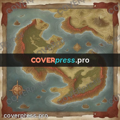 Map illustration: continent with rust shores