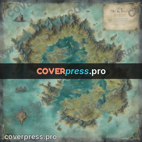 Map illustration: mountainous land in a turquoise sea