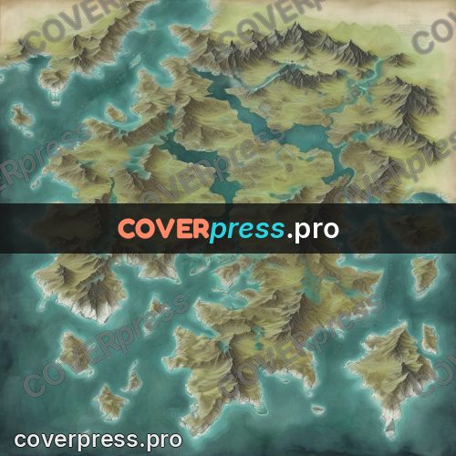 Map illustration: mountainous land in a turquoise sea