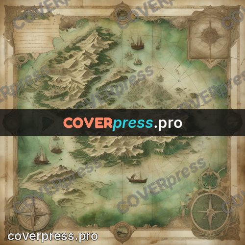 Map illustration: green island with mountains