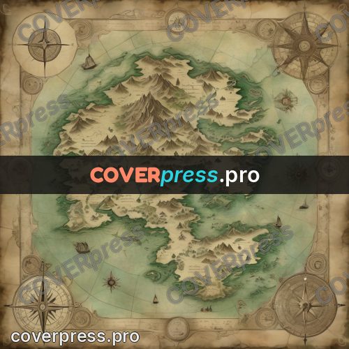 Map illustration: green island with mountains