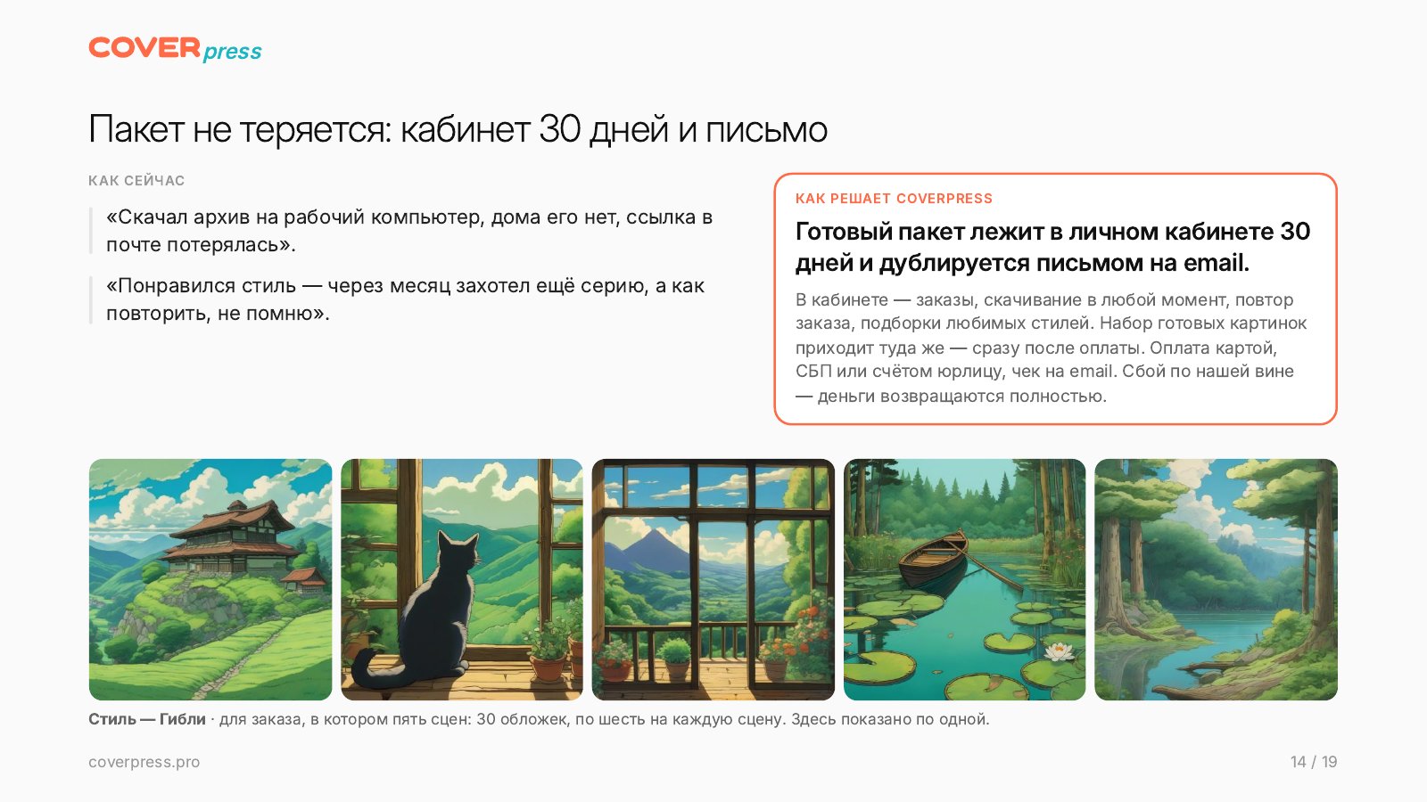 Презентация COVERPRESS, страница 14: Пакет не теряется: кабинет 30 дней и письмо