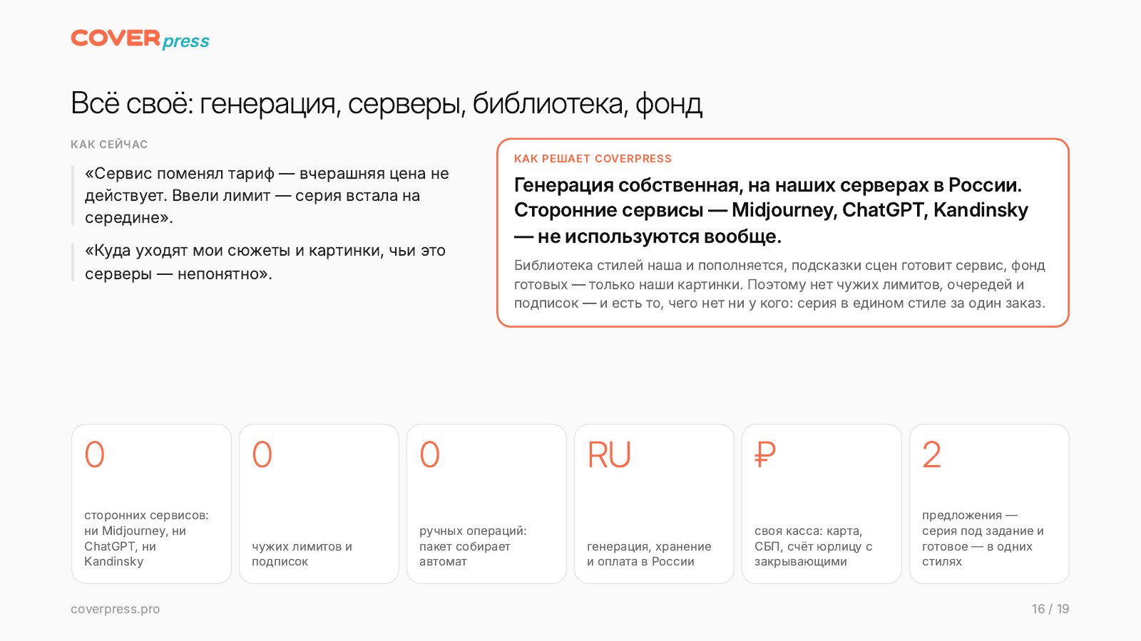 Презентация COVERPRESS, страница 16: Всё своё: генерация, серверы, библиотека, фонд