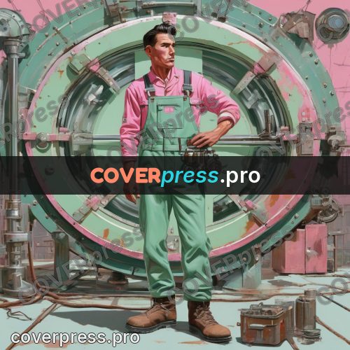 50s sci fi poster: worker at a round hatch