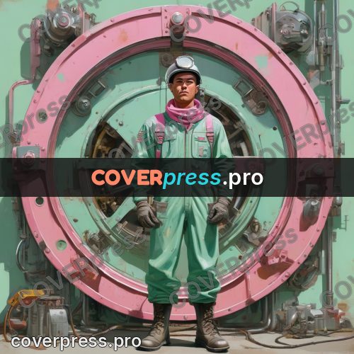 50s sci fi poster: worker at a round hatch