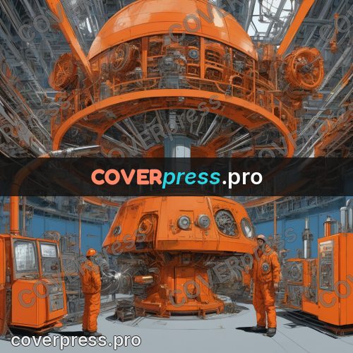 50s sci fi poster: orange installation in a workshop