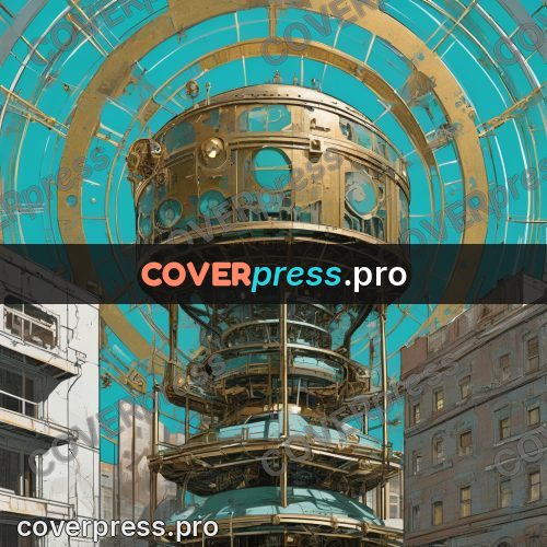 50s sci fi poster: turquoise tower with a dome