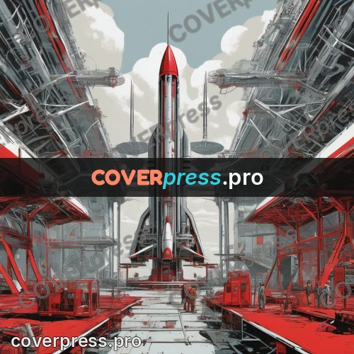50s sci fi poster: rocket in a hangar