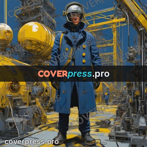 50s sci fi poster: man in blue at a station