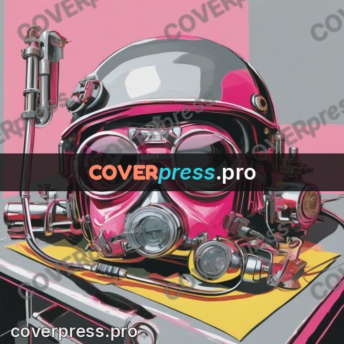 50s sci fi poster: pink helmet with goggles