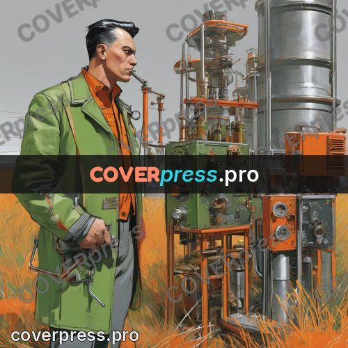 50s sci fi poster: man by a machine in grass