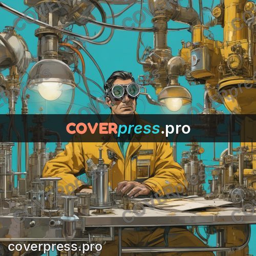50s sci fi poster: man in goggles in a laboratory