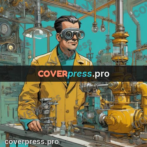 50s sci fi poster: man in goggles in a laboratory