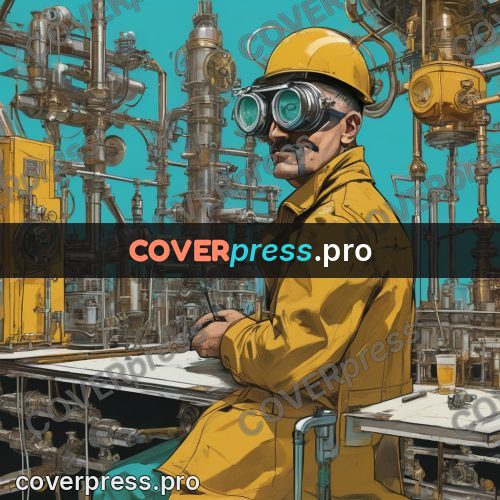 50s sci fi poster: man in goggles in a laboratory