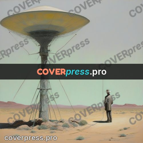 50s sci fi poster: dish antenna in the desert