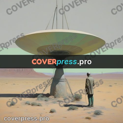 50s sci fi poster: dish antenna in the desert