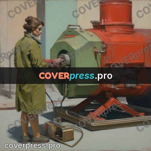 50s sci fi poster: woman at a red machine
